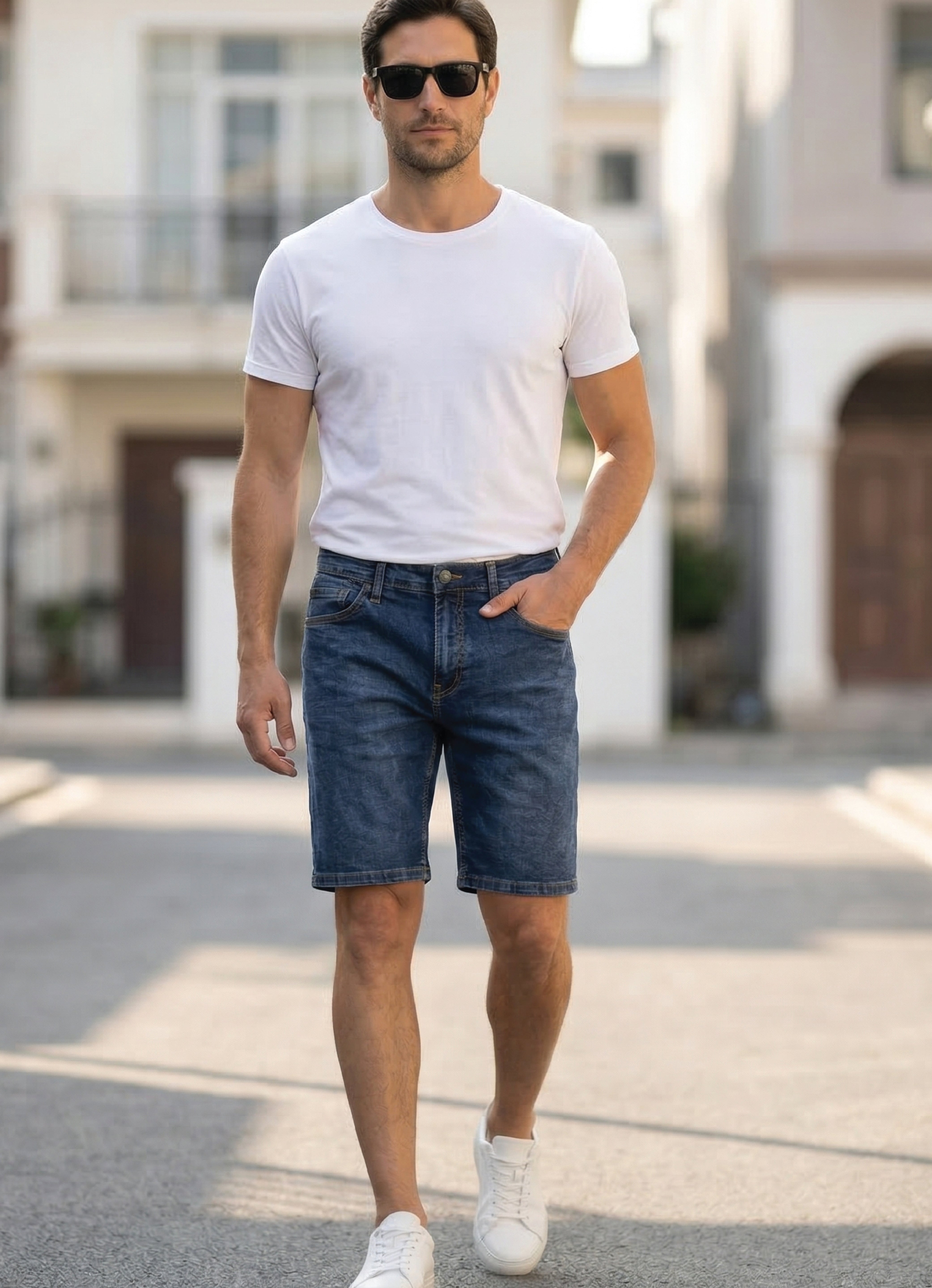 Urban Star Men's Relaxed Fit Stretch Denim Shorts in Dark Blue